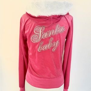 Victoria’s Secret small velour zipper sweatshirt with fur hood Santa Baby